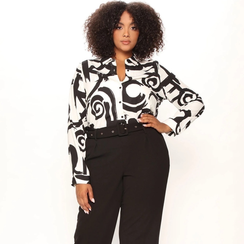 Fashion Nova Curve Lost in The Art Shirt Black White Abstract Button Down Large